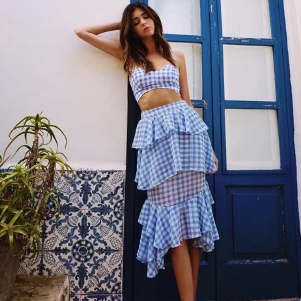 For Love and Lemons Rare Blue Dorothy Ruffle Gingham Midi Skirt